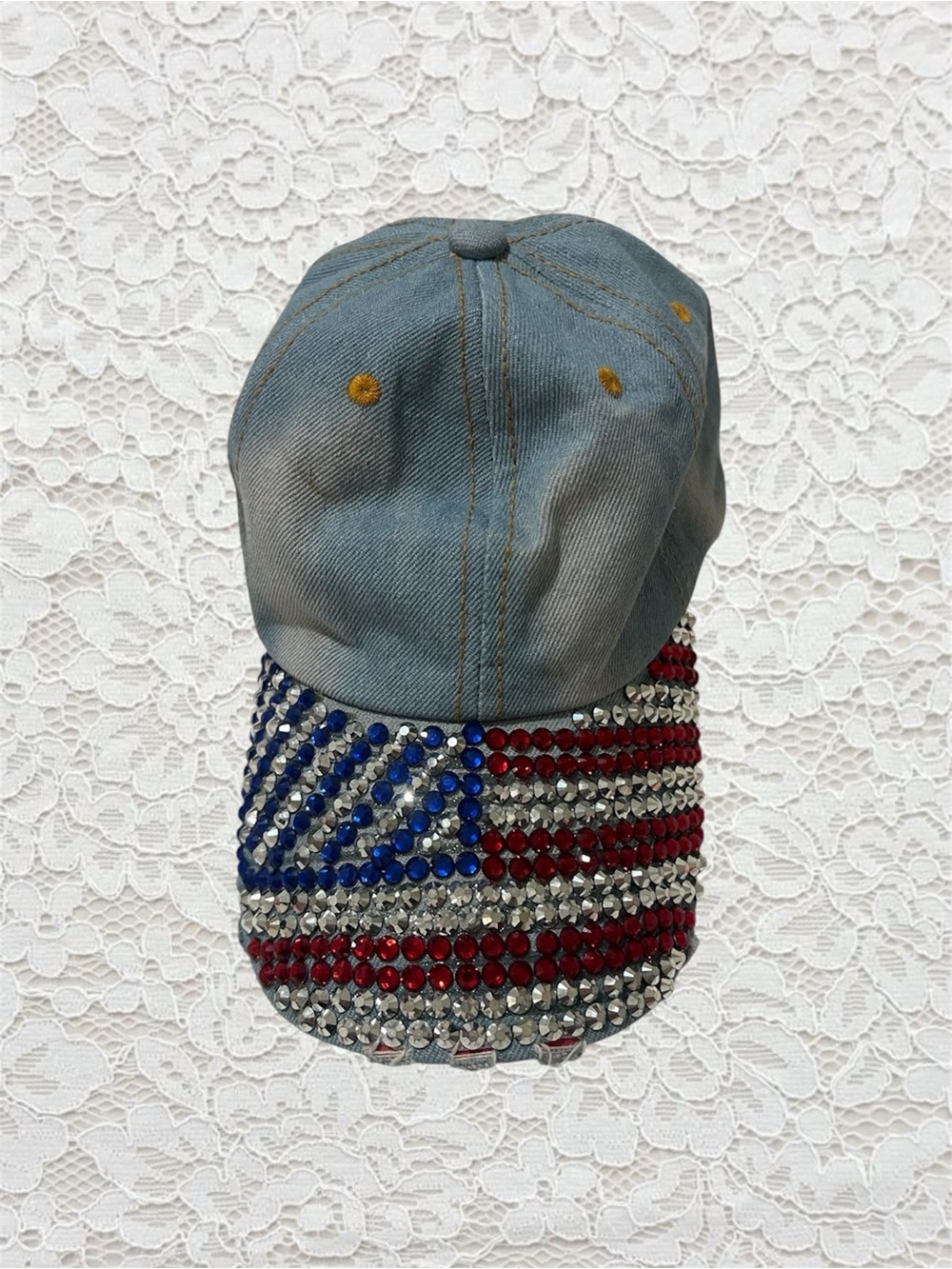vintage cyber y2k american flag denim baseball cap with rhinestones